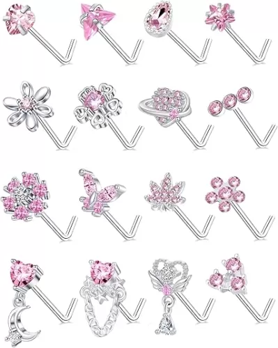 Tornito 16Pcs Nose Rings L Shaped Nose Stud Stainless Steel Butterfly Flower Leaf Heart Moon Dangle Nose Stud Ring Body Piercing Jewelry for Women Men 20G Pink Blue Clear CZ