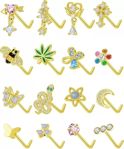 Tornito 16Pcs Nose Stud Ring L Shaped Nose Ring Heart Moon Bee Snake Leaf CZ Nose Studs Body Piercing Jewelry for Women Men 20G Silver Gold Tone