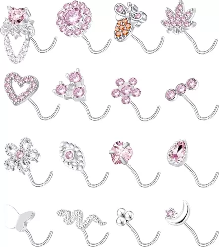 Tornito 16Pcs Nose Stud Rings L Screw Shaped Nose Ring Flower Snake Butterfly Heart Eye CZ Dangle Nose Rings Stud Body Piercing Jewelry for Women Men 20G Silver Pink Tone