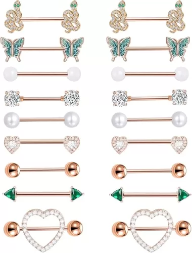 Tornito 9 Pairs Nipple Rings 14G Stainless Steel Heart Butterfly Snake Ball Emerald Triangle CZ Barbell Tongue Rings Set Cute Body Piercing Jewelry for Women 16mm Rose Gold Silver Tone