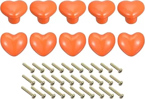 uxcell 10Pcs Orange Ceramic Knobs, 36mm/1.42" Heart Shape Knobs Dresser Vintage Pulls Door Handles Drawer Knob Pull Handle Dresser Pulls with 3 Sized Screws for Furniture Decorative