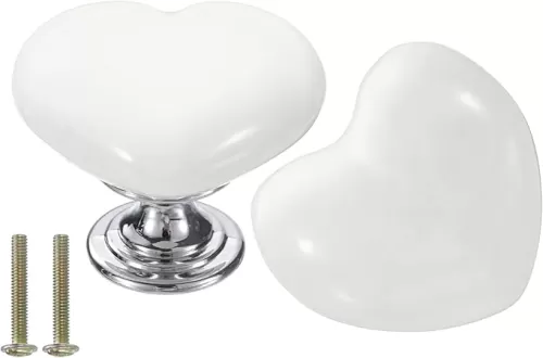 uxcell 2 Packs Ceramic Drawer Knobs, Heart-Shaped Dresser Pulls, Decorative Drawer Knobs with M4 x 25mm Screw for Cupboard Wardrobe, White/Silver