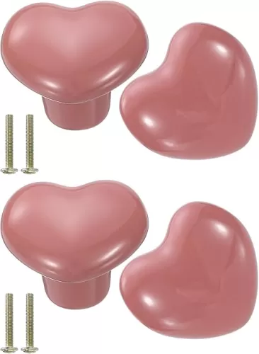 uxcell 4 Packs Ceramic Drawer Knobs, Heart-Shaped Dresser Pulls, Decorative Drawer Knobs with M4 x 25mm Screw for Cupboard Wardrobe, Pink