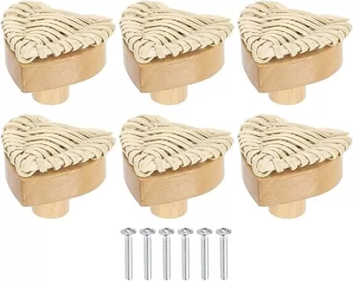 uxcell 6 Pack Rattan Dresser Knobs, 1.57" Handmade Wicker Woven Drawer Knobs Heart Shape Beech Wood Cabinet Knobs with Screws for Furniture Wardrobe Cupboard, White