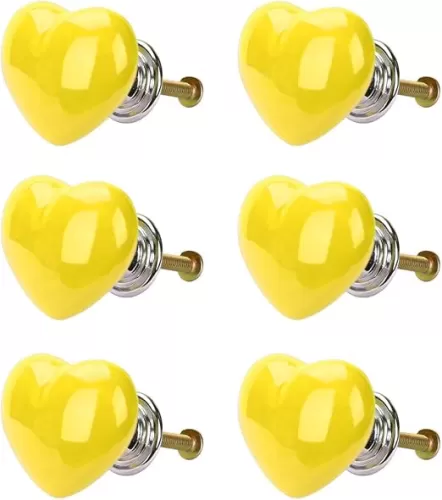 uxcell 6pcs Ceramic Knobs Drawer Heart Shaped Pull Handle Furniture Door Cabinet Cupboard Wardrobe Dresser Replacement Yellow