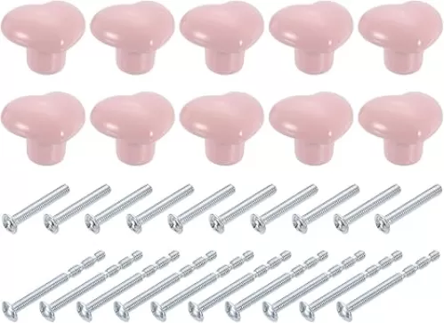 uxcell Ceramic Cabinet Knobs, 10 Pcs Light Pink Heart Shaped Drawer Knobs, 36mm/1.42" Dresser Knob Pulls Handle with Screws for Vanity, Bedroom Furniture, Closet, Cupboard