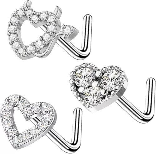 VERAMI 20G Nose Ring Studs 316L Heart Nose Rings Nose Studs Heart Nose Stud Surgical Steel CZ L-Shaped Body Piercing Jewelry