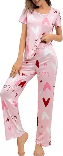 WDIRARA Women's 2 Piece Heart Print Pajama Set Short Sleeve Sleepwear Pants Pjs Loungewear