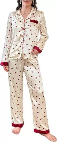 WDIRARA Women's Heart Print Satin Pajama Set Long Sleeve Button Down Sleepwear 2 Piece Pants Pjs Set