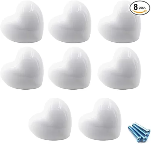 White Ceramic Cabinet Handles Heart Shape for Kitchen and Kids Room Cupboard Knobs - 8PCS