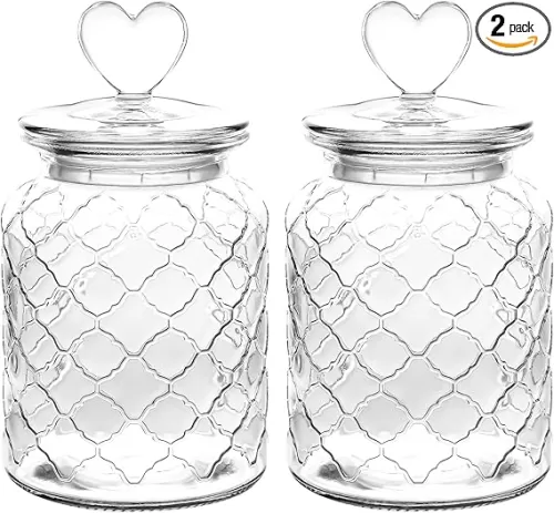 WHJY Set of 2 32oz Airtight Glass Jars Decorative Jars, Jar of Hearts Cute Cookie Jar Decorative Jars with Lids Candy Jars for Candy Buffet Heart Shaped Lid - Grid Textured
