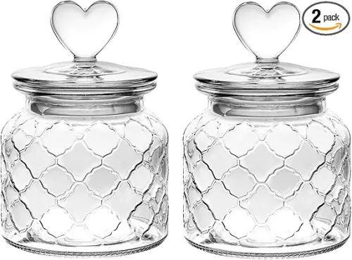 WHJY Set of 2 Airtight Glass Jars Decorative Jars, 22oz Jar of Hearts Cute Cookie Jar Decorative Jars with Lids Candy Jars for Candy Buffet Heart Shaped Lid (Grid Textured)