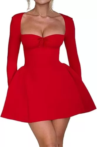 Women Long Sleeve Mini Dress Sweetheart Neckline Bodycon Short Dress Club Cocktail Party Corset Dresses