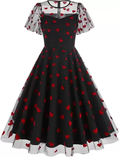 Women Mesh Floral Embroidery Vintage Cocktail Swing Dress Ruffle Sleeve Embroidered Floral Dress for Women Tulle Prom Dress