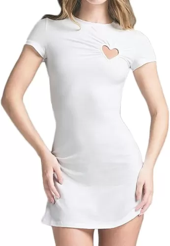 Women Y2k Short Sleeve Heart Cut Out Bodycon Mini Dress Cute Ruched Slim Fit Crew Neck A-Line Short Dress