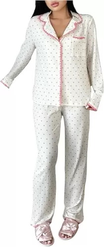 Women's 2 Piece Pajamas Set Heart Print Button Down Long Sleeve Shirts and Long Pants Set