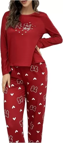 Women's 2 Piece Pjs Set Bow Heart Print Pajama Set Long Sleeve Tee and Pants Sleepwear