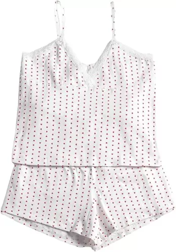 Womens Cami Pajama Set Y2k Sleepwear Heart Print Lace Trim Sleeveless PJ Set with Shorts Sexy Loungewear