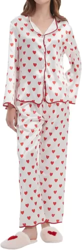 Women's Silk Satin Pajamas Set Pajamas Set Cute Heart Print Button Down Long Sleeve Pjs Set