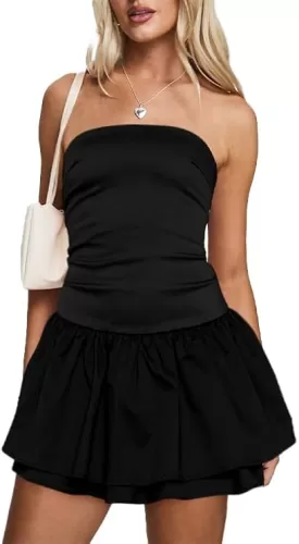 Women's Strapless Tube Dress Sexy Ruched Tiered Layer Hem Dresses Club Party Going Out