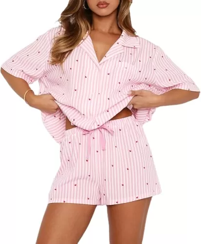 XBTCLXEBCO Women Valentines Pajama Sets Heart Print Short Sleeve Button Down Tops and Shorts 2 Piece Pjs Set Loungewear