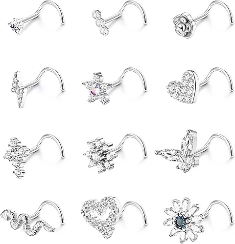 YADOCA 12 Pcs 20G Surgical Steel L Shaped Nose Rings Studs for Women Men - CZ Heart Butterfly Flower Snake Piercing Jewelry