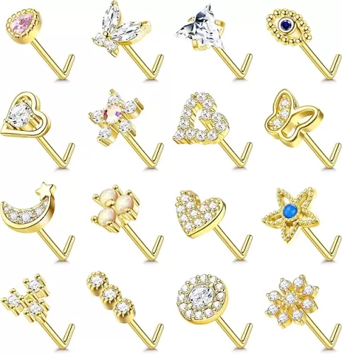 YADOCA Gold Nose Rings Studs for Women - 20G Surgical Steel Nose Ring L Shaped Nose Piercing Jewelry Hypoallergenic CZ Heart Nose Studs Silver Rose Gold 16Pcs