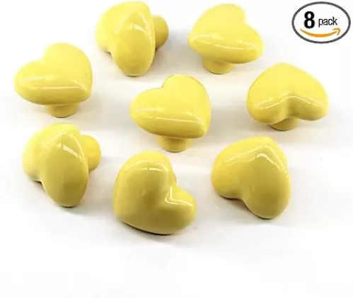 Yellow Drawer Knob Ceramic Cabinet Knobs Kids Room Handle Pull Heart Shape for Dresser Drawers (Pack of 8 Screws Included)