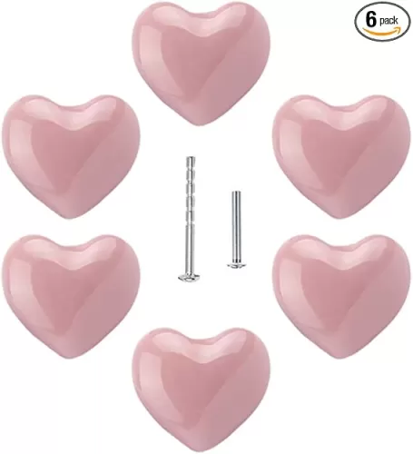 YOUYOUULU 6pcs Love Pink Knobs Heart Knob Ceramic Knobs Cute Pulls Lovely Handles for Kids Children's Drawer Cabinet Door Cupboard DIY with 2 Kinds Screws (Pink)