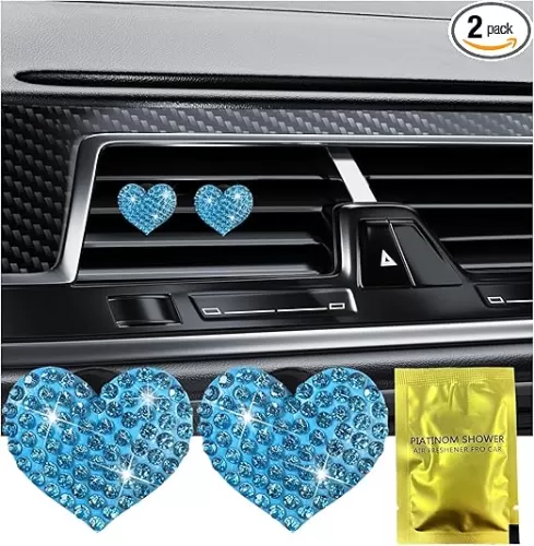 Ziciner 2PCS Bling Heart Car Air Vent Clips Charms, Heart Shaped Crystal Car Air Freshener Vent Clips, Rhinestone Air Conditioning Outlet Clip, Vehicle Decor Accessories for Women Girls (Blue)