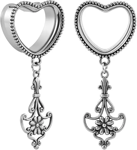 1 Pair Hollow Out Retro Little Wild Chrysanthemum Bouquet Dangle Ear Gauges Piercing Stainless Steel Heart-shaped Plugs and Tunnels Elegant Ear Stretchers Earrings Expander.