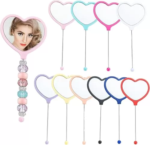 10 Pack Beadable Mirrors with Blank Bar Cute Travel Makeup Handheld Mirror Cosmetic Dazzling Mirror Portable Hand Mirrors for Women DIY Jewelry Making Beaded Crafts (10 Colors-Heart Shape)