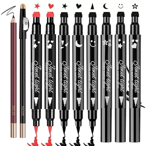 10 Pack Liquid Eyeliner Stamp Set with 8Pcs Eyeliner Stamp and 2Pcs Eyebrow Pencil, Waterproof Smudgeproof Eyeliner Long Lasting Eyeliner Pen (Heart/Flower/Moon/Star/Smiley /Triangle Seal Stamp)