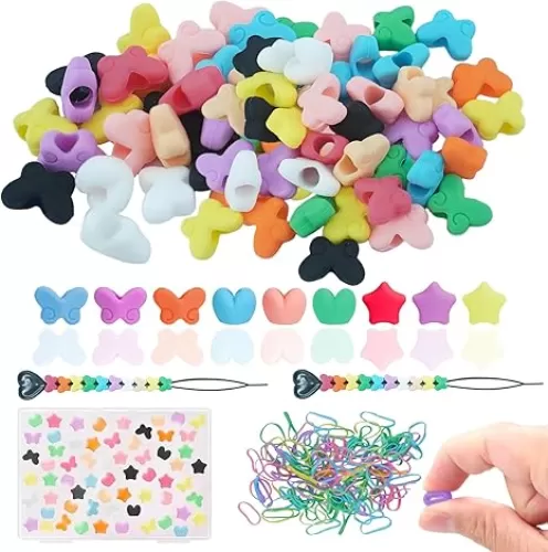 100 PCS Silicone Hair Beads for Children's Girls Braids, 5mm Butterfly Heart and Star Washable Hair Beads (10 Colours) for Girls Braids Accessories Children's Crafts and 100 Rubber Bands.