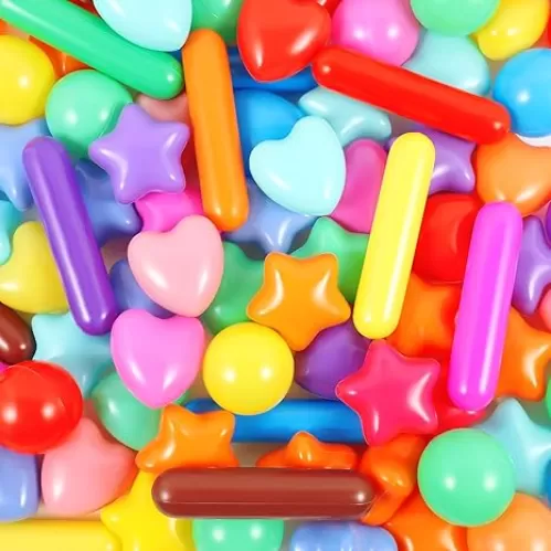100 Pieces Pit Balls for Kids Star Heart Round Long Shape Plastic Balls for Toddler Playpen Colorful Play Toy for Crawl Tunnel Inflatable Pool Birthday Party Decoration