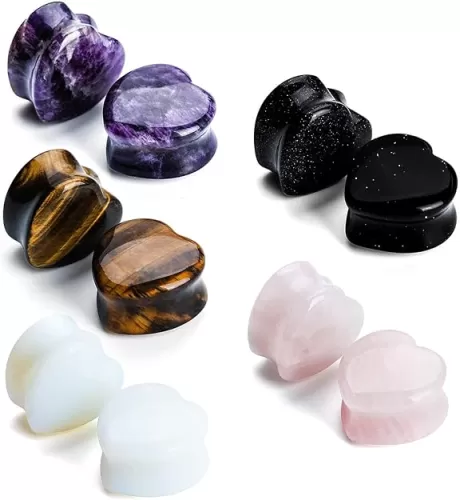 10Pcs 6G-20MM Heart Ear Gauges Plugs Tunnels Mixed Natural Stone Stretching Expander Kit Body Piercing Jewelry