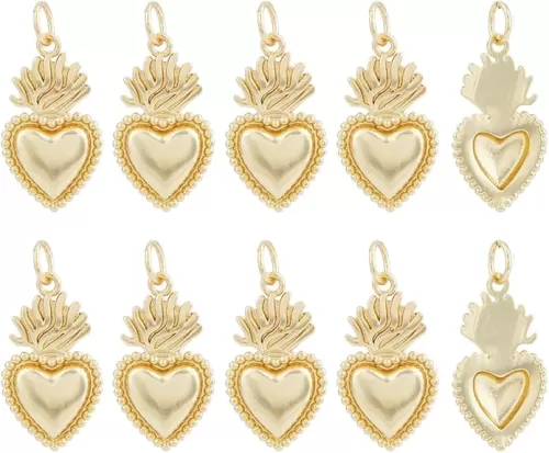 10Pcs Sacred Heart Charms Gold Heart Dangle Charms with Jump Rings Love Shaped Pendant Small Brass Charms for Jewelry Making Earrings Bracelets Necklaces Craft DIY