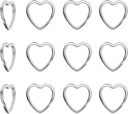 12pcs Creative Key Ring Keychain Heart Shape Silver Metal Flat Split Key Holder Chains Rings Crafts DIY for Home Car Tag Office Organization Lanyards Keys Attachment Gift