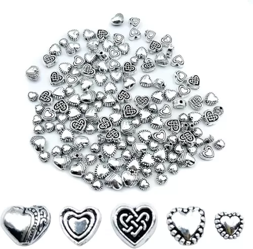140Pcs Silver Heart Spacer Beads for Jewelry Making Multi Style Heart Shaped Metal Beads for Bracelets Necklace Earring Making Heart Beads Charms