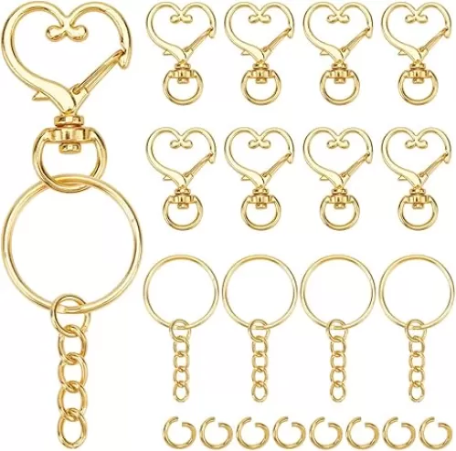 150Pcs Heart Swivel Snap Hooks Set Metal Keychain Clip Bulk Alloy Gold Spring Snap Clasp Split Key Rings with Chain Jump Rings Hanging Buckle for Jewelry Making DIY Craft Bag Keychain Lanyard