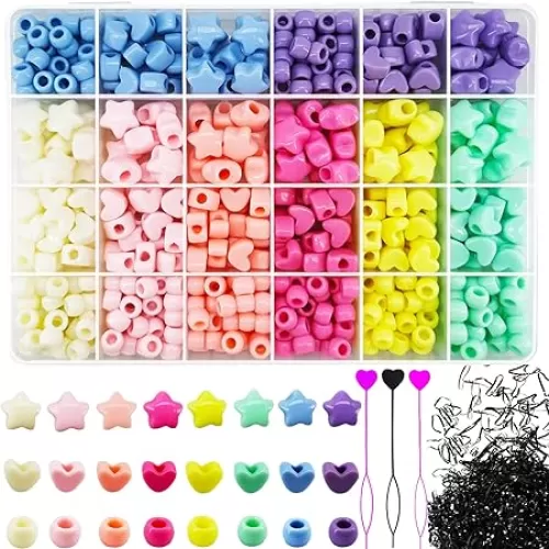 1531Pcs Candy Color Hair Beads for Braids Large Hole Acrylic Star Bead Heart Beads Pastel Beads Pony Beads Cute Kandi Beads for Hair Bracelets Jewelry Making with Elastic Rubber Band Threaders