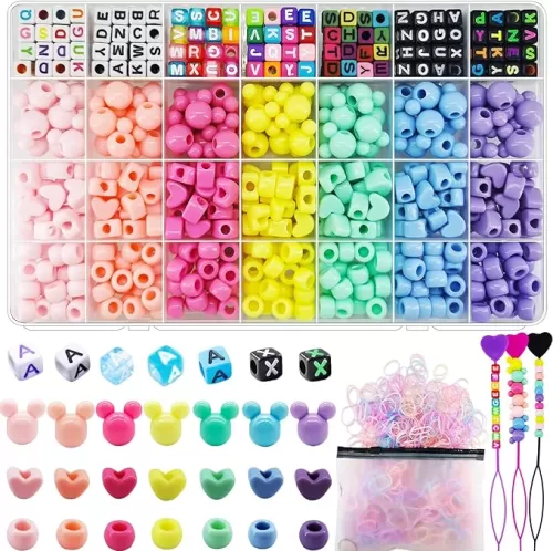 1605 Pcs Hair Beads for Braids with Elastic Rubber Band Threaders Kit, Candy Color Acrylic Mickey Heart Star Alphabet Beads Pastel Pony Beads Kandi Beads for Bracelet Jewelry Making DIY Craft