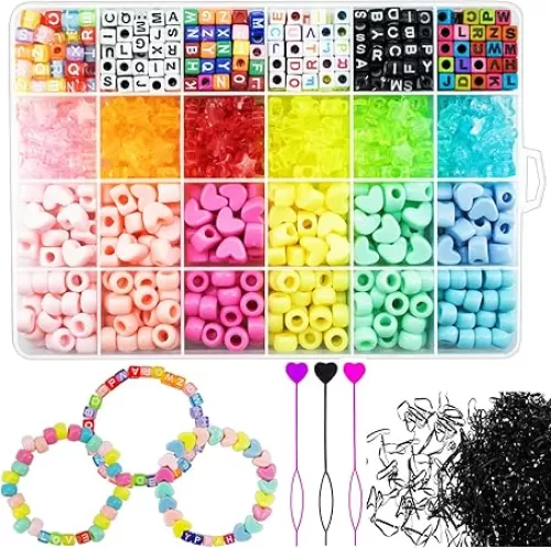 1853Pcs Hair Beads for Braids - Candy Color Acrylic Heart, Star, Pastel Pony, Rainbow Alphabet Kandi Bulk Kit for Jewelry Making With Elastic Rubber Bands and Threaders