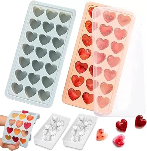 2 Pack Heart Shpaed Ice Cube Trays with Lids, 42 Holes Silicone Heart Ice Cube Molds for Whiskey, Cocktail, Fun Shapes Ice Cubes, Chocolate, Candle, Candy, Jelly, Jello - with Lids Bins