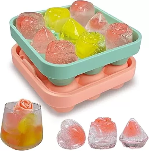 2 Pack Silicone Ice Cube Tray Fun Shapes, Rose Ice Cube Mold, Heart Ice Cube Tray & Diamond Shapes Ice Mold, Makes Small Heart Diamond Rose Ice Cubes for Cocktails Mimosas
