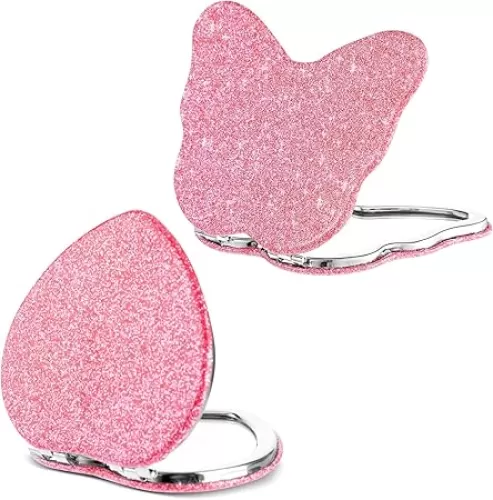 2 Pcs Folding Mirror Heart Butterfly Shaped Magnifying Compact Mirror Portable Travel Mini Makeup Mirror Double-Sided Cute Glitter Cosmetic Mirror for Women Handbag Wallet Home Office Vanity