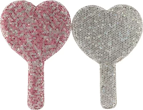 2 Pcs Rhinestone Handheld Mirror Handheld Makeup Mirror Beauty Tools Love Heart Mirror with Handle Cosmetic Hand Mirror