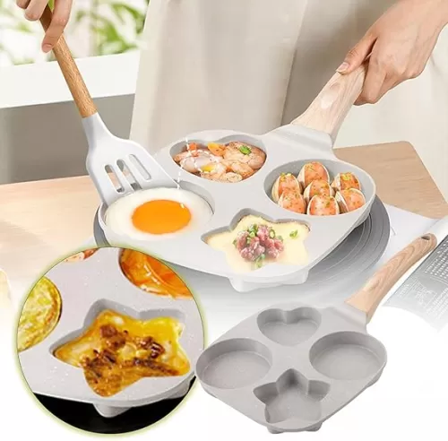 2025 4-Cup Shapes Frying Pan - Nonstick Omelette Skillet Egg Frying Pan, Egg Shaper for Frying Pan, Breakfast Pancake Pan with Wooden Handle, Easy to Clean, Heart Shaped Skillet
