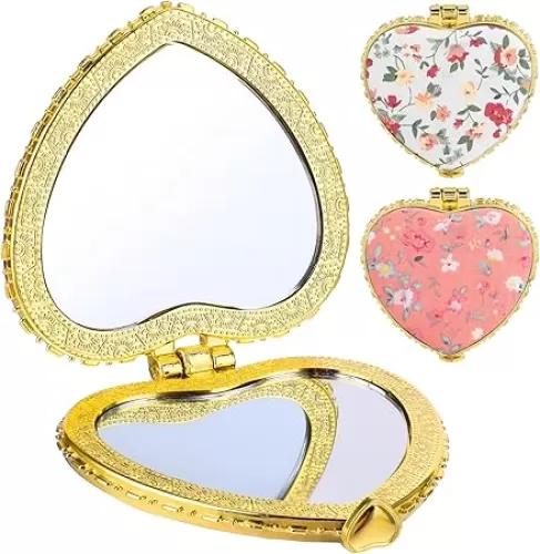 2PCS Compact Mirror for Purse, Cute Heart Shaped Double-Sided Pocket Mirrors, Folding Portable Travel Makeup Mirror for Women Girls, Vintage Mini Handheld Cosmetic Mirrors for Home Office