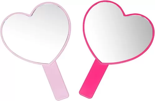 2PCS Heart-Shaped Makeup Hand Mirror, Travel Handheld Mirror Portable Personal Cosmetic Mirror with Handle (Pink)